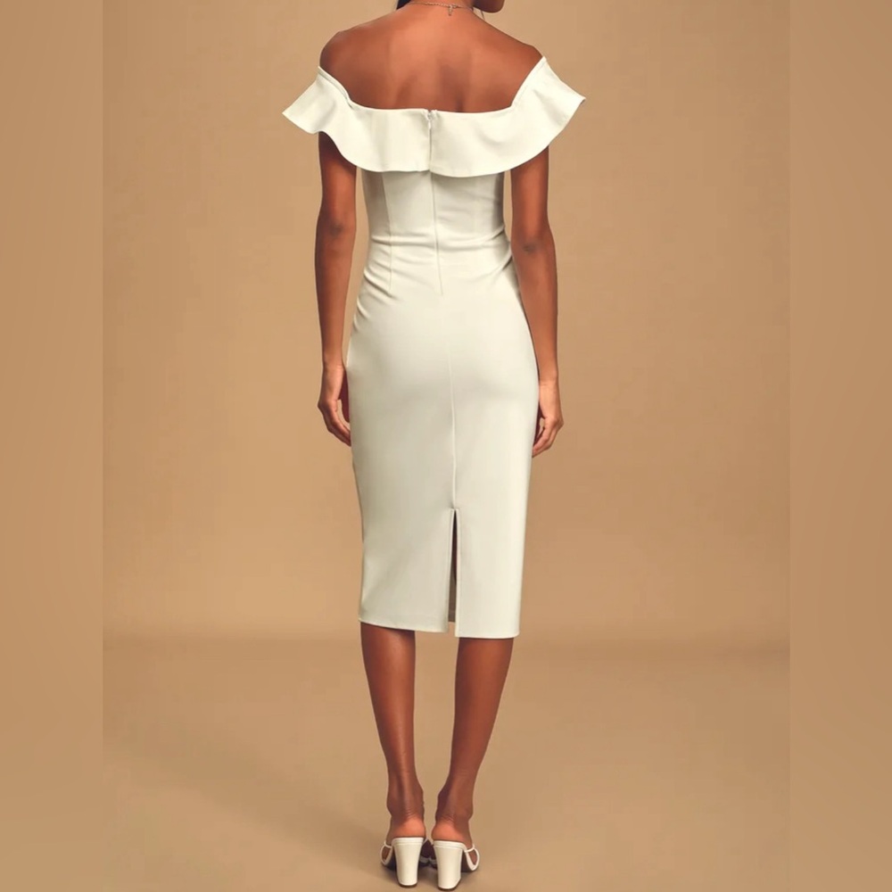 NWT Lulu’s City Nights Ivory Ruffled Off-the-Shoulder Midi Dress XS - Picture 3 of 6